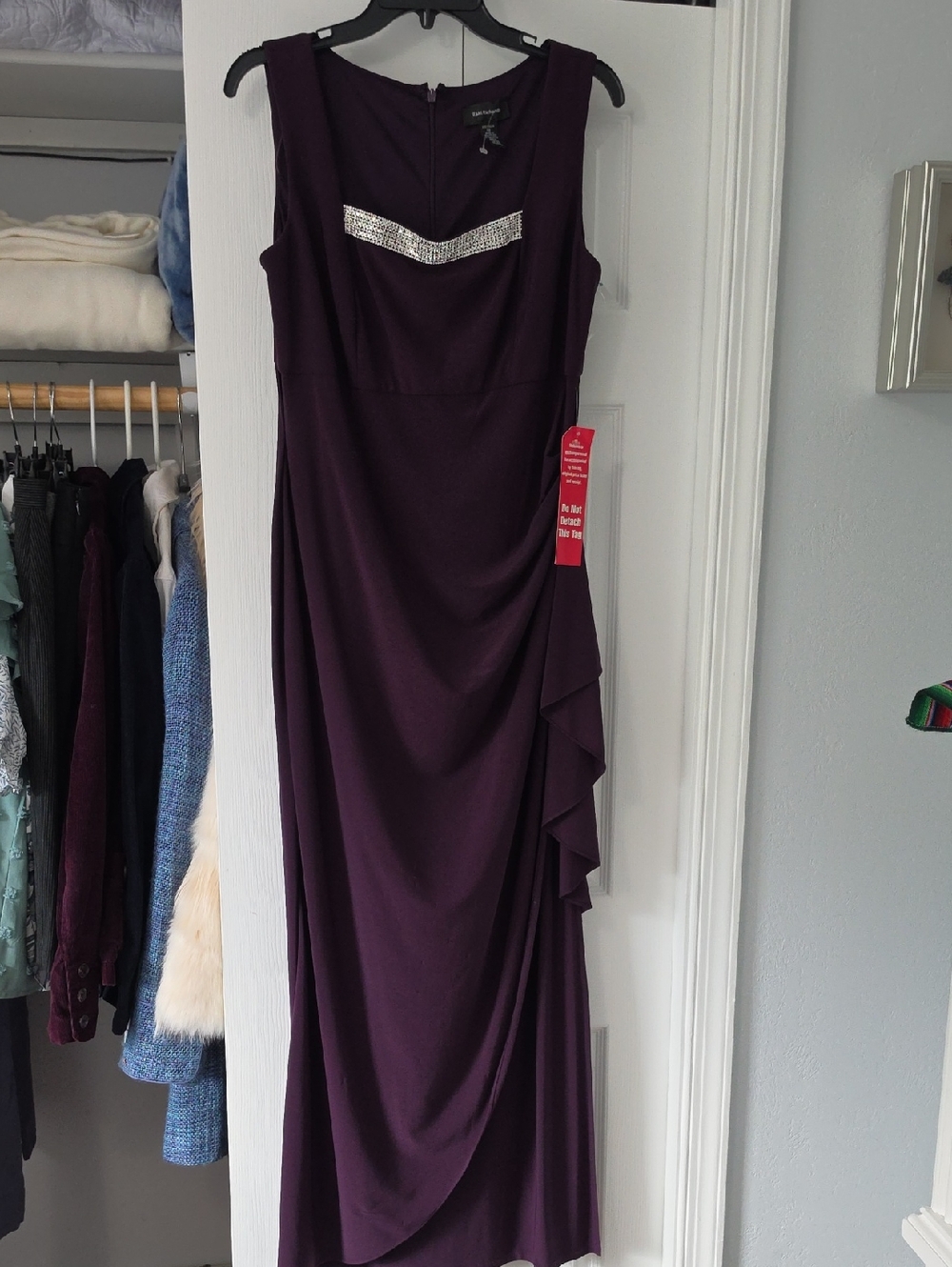 R&M Richards Plum Sleeveless Maxi Dress with Rhinestone Bodice Accent